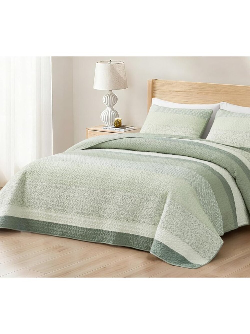 Reed 3-Piece Chic Patchwork Striped Quilt Set - Green Floral Coverlet - Pre-Wash